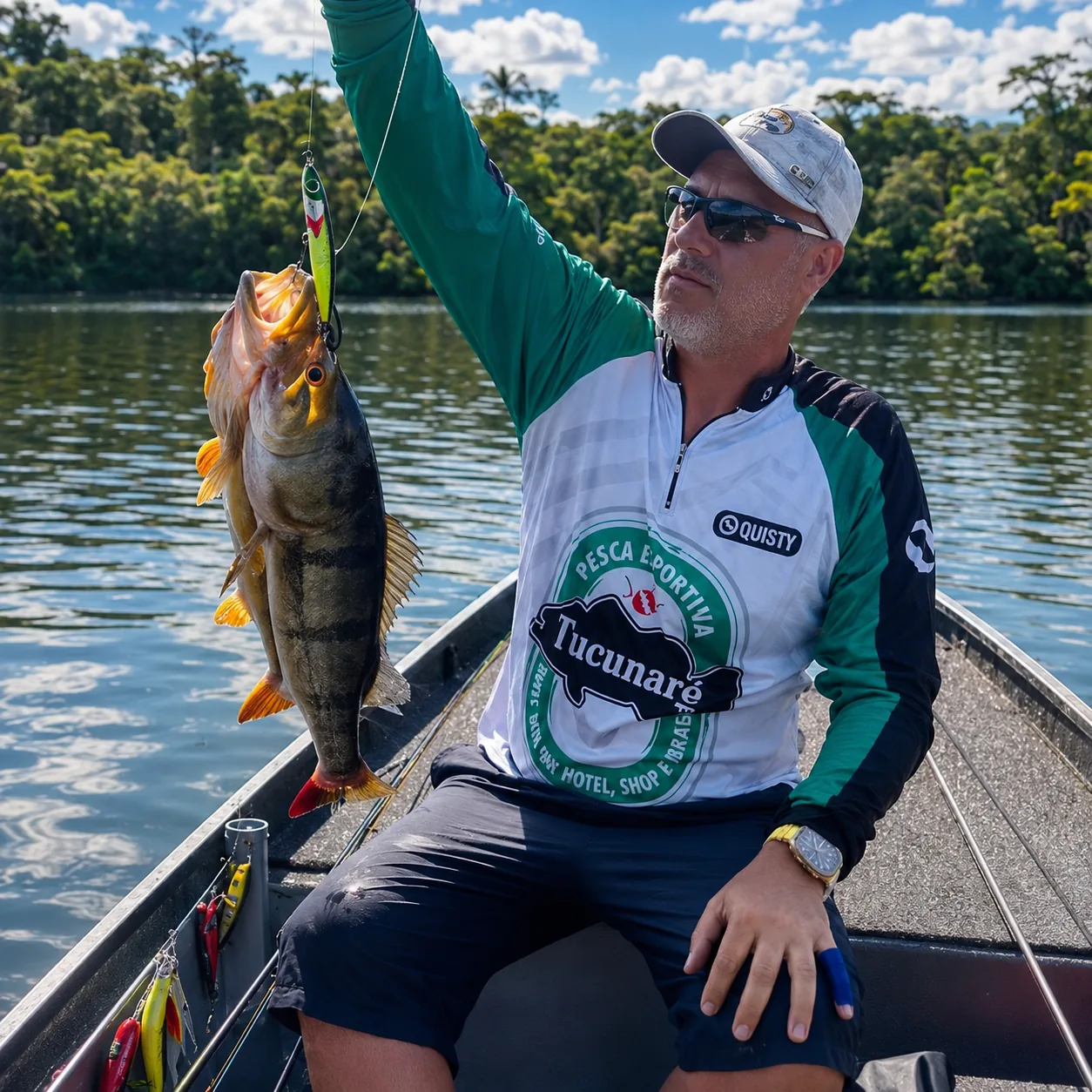 Pescador com tucunaré em rio amazônico com isca Gui Custom Lures